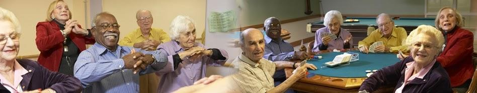 A group of elderly people are shown in two scenes at a Castle Rock dementia care facility: doing group exercises and sitting around a table playing cards.
