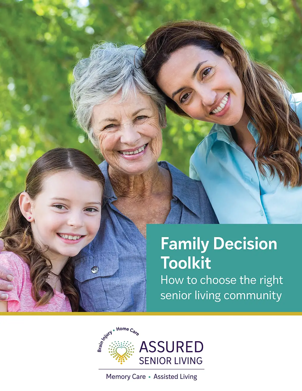 An elderly woman, a young woman, and a young girl smile together outdoors beside text about choosing a senior living community from Assured Senior Living.
