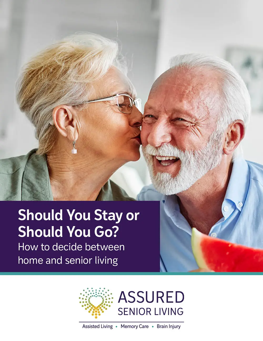 An elderly woman kisses a smiling elderly man on the cheek. Text below discusses deciding between home and senior living. Assured Senior Living logo and services are shown at the bottom.