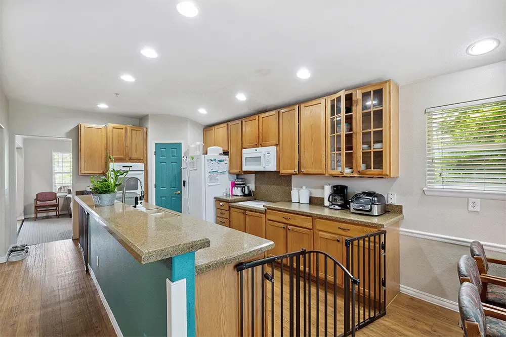 Modern kitchen with wood cabinets, granite countertops, built-in appliances, and a green door. A baby gate blocks the entrance, and small kitchen appliances sit on the counter.