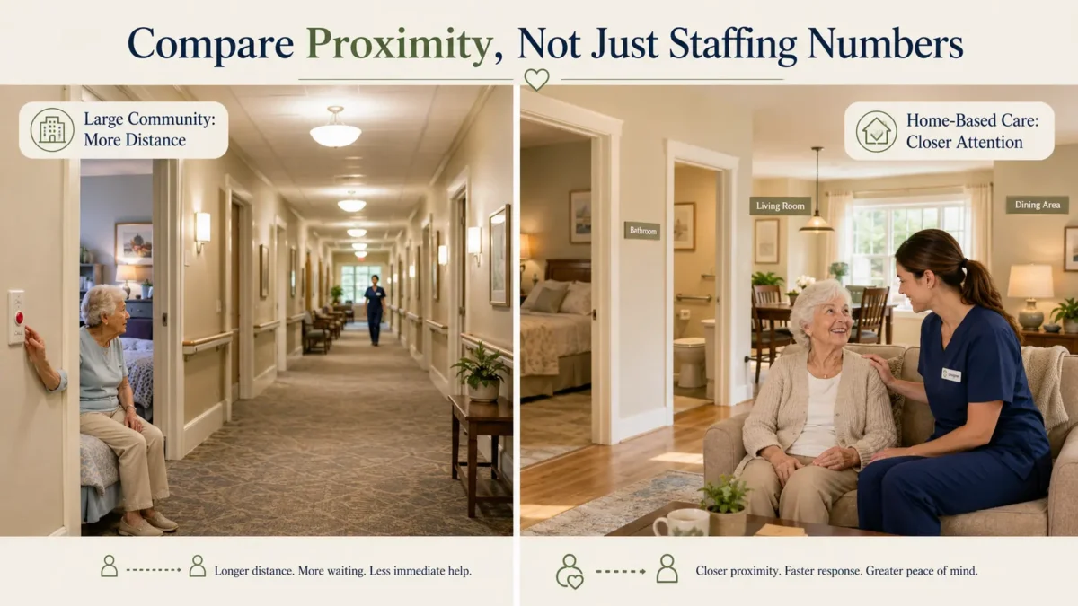 Residential assisted living has a closer proximity to residents. This enables a quicker response time. 