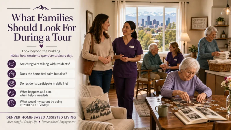 What Families Should Look For During a Tour. Adult children evaluating Denver elder care should ask to see more than bedrooms and dining rooms. Pay attention to what residents are actually doing. Are caregivers talking with residents? Are residents sitting alone for long periods?