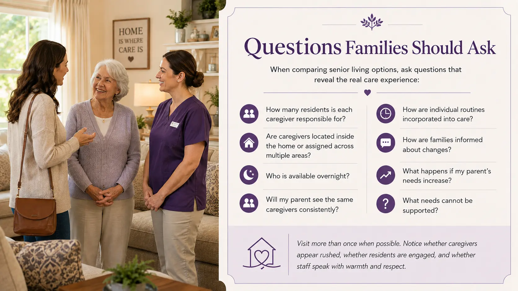 Questions Families should ask during tours of Assisted Living Facilities. Make sure to truly compare the difference of a big box assisted living and a small personalized board and care home.