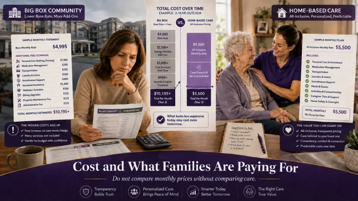 Home-based senior care may use a more inclusive pricing structure, although this differs by provider. Families should request a written explanation of what is included, what triggers a rate increase, and how costs change as needs grow.