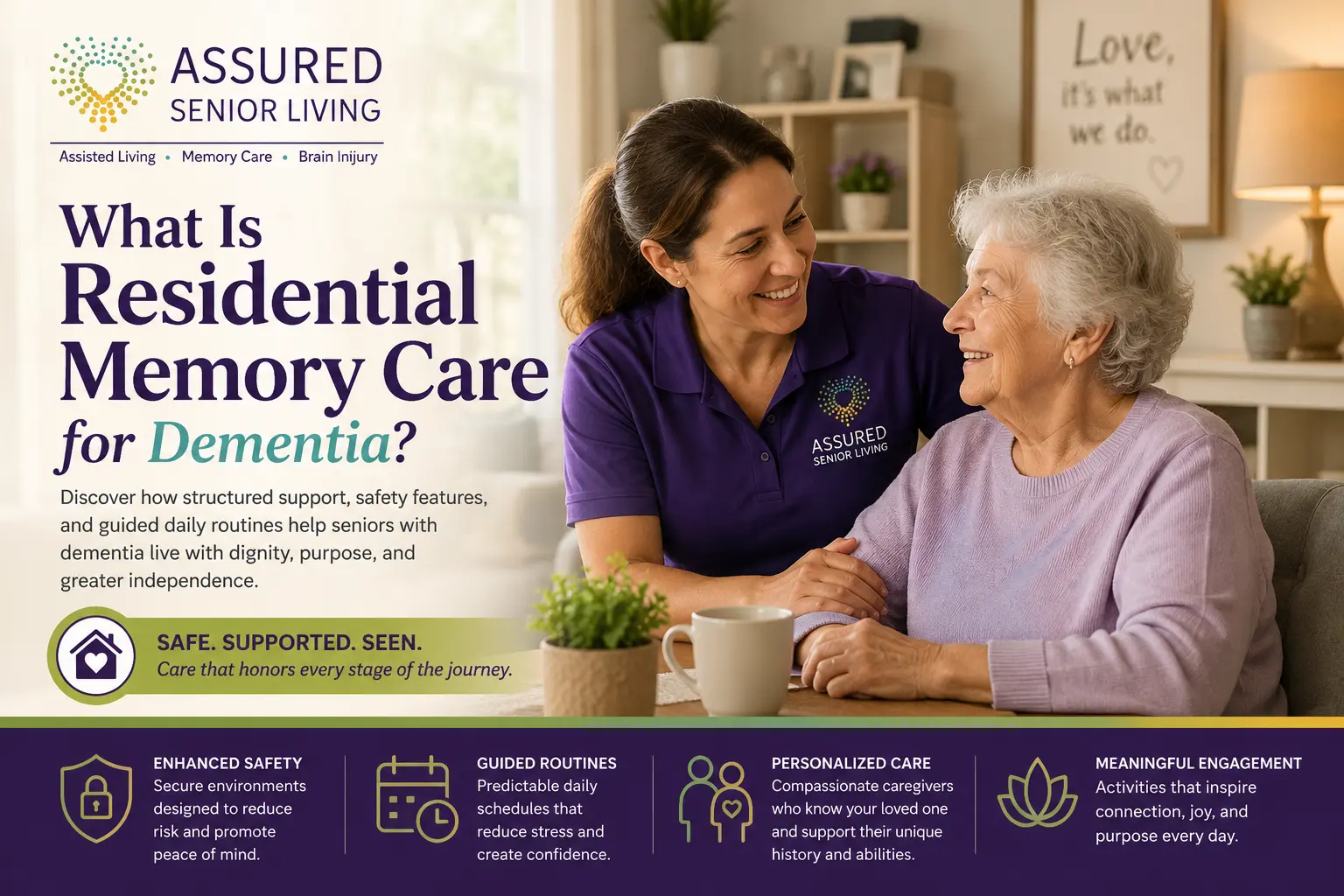 What Is Residential Memory Care for Dementia? When a parent begins living with dementia, families often face a difficult balance: How do we keep them safe without taking away everything they can still do for themselves? That is one of the primary purposes of residential memory care.
