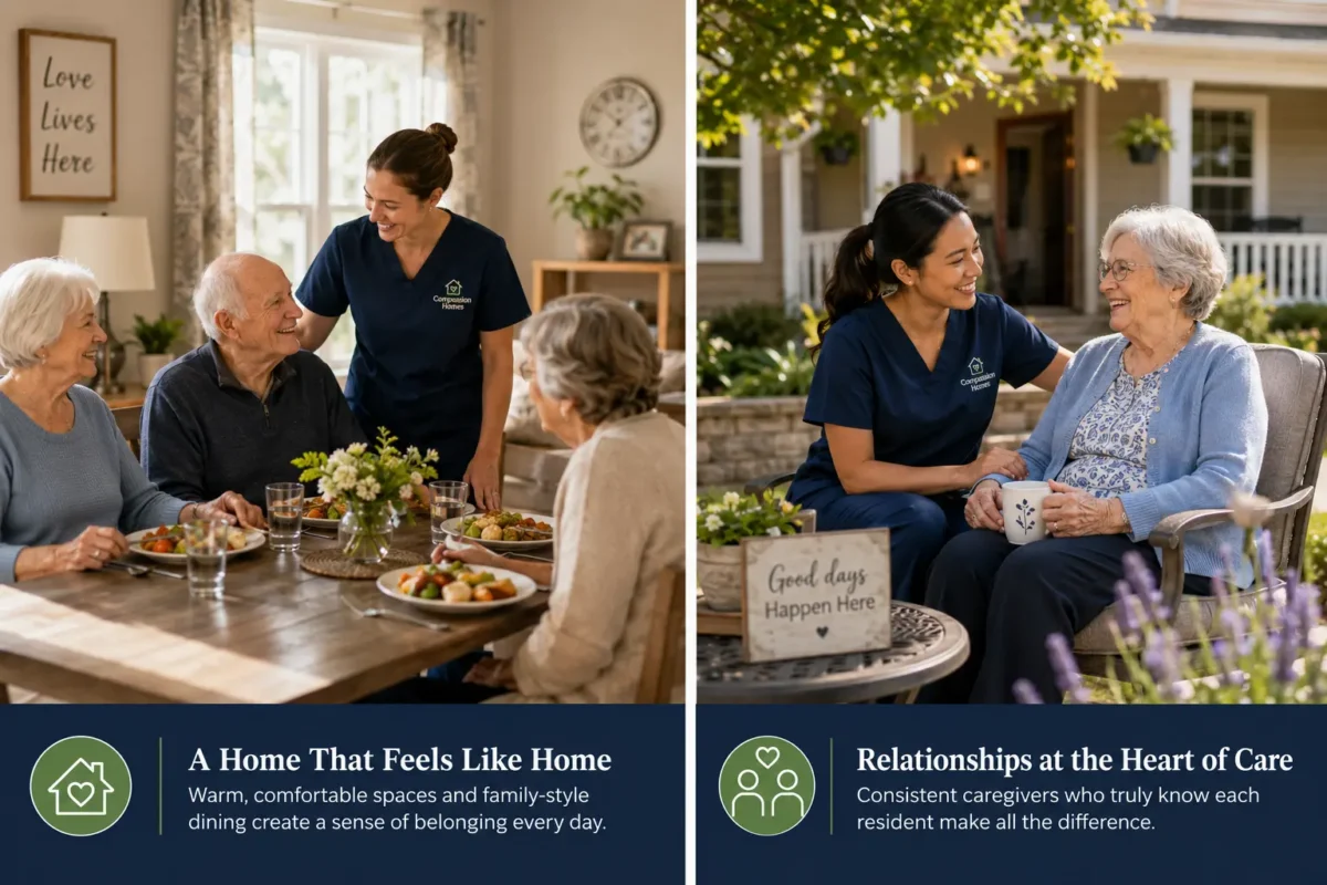 Two caregivers assist elderly residents with a puzzle and serve a meal in a cozy, home-like setting. Personalized care, comfort, and consistent caregivers in this warm environment of home-based assisted living.