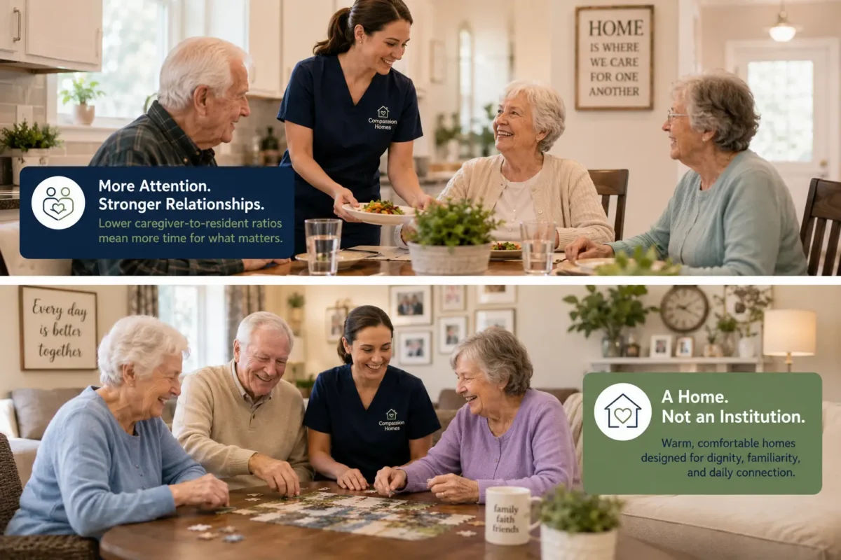 Two caregivers assist four seniors, one scene at a dining table and another assembling a puzzle, with banners promoting strong caregiver relationships and home-like care in a warm, home-based assisted living environment.