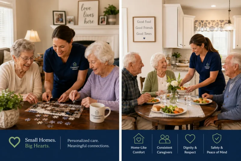 Two photos: caregivers interact warmly with older adults in home-like settings, reflecting the spirit of home-based assisted living. Text highlights belonging and the value of consistent relationships in care environments.