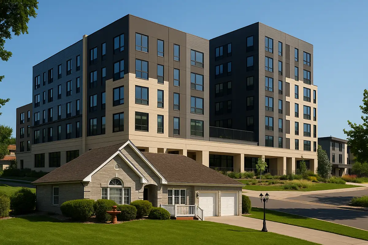 A small house with a front porch and garage sits in front of a large, modern apartment building on a sunny day, offering the best care and comfort for every family member.
