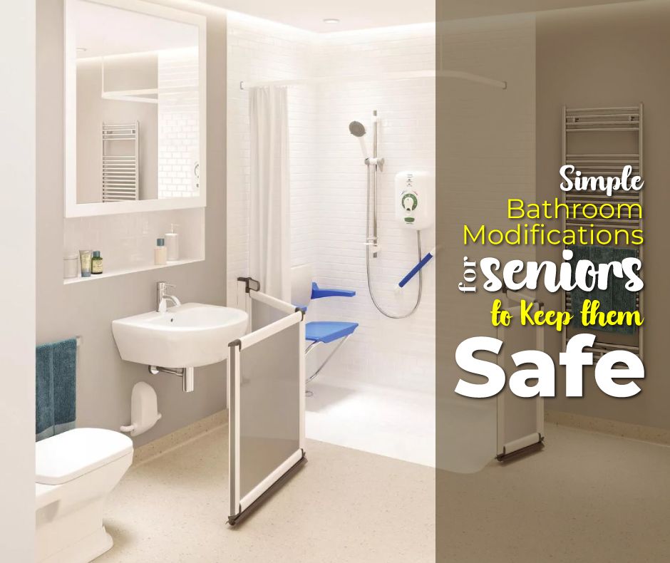 Accessible bathroom with thoughtful modifications for seniors, including a walk-in shower, grab bars, a fold-down seat, raised toilet, and safety gate—all designed to enhance safety and ease of use.
