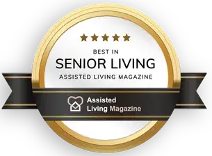 Gold and black badge with five stars, labeled "Best in Senior Living, Assisted Living Magazine," and a ribbon reading "Assisted Living Magazine" with a heart icon.