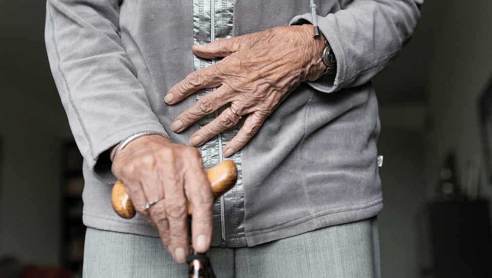 Close-up of an elderly person's hands, one resting on their abdomen and the other holding a wooden cane, wearing a grey jacket and watch—a reminder of the importance of supporting seniors from afar.
