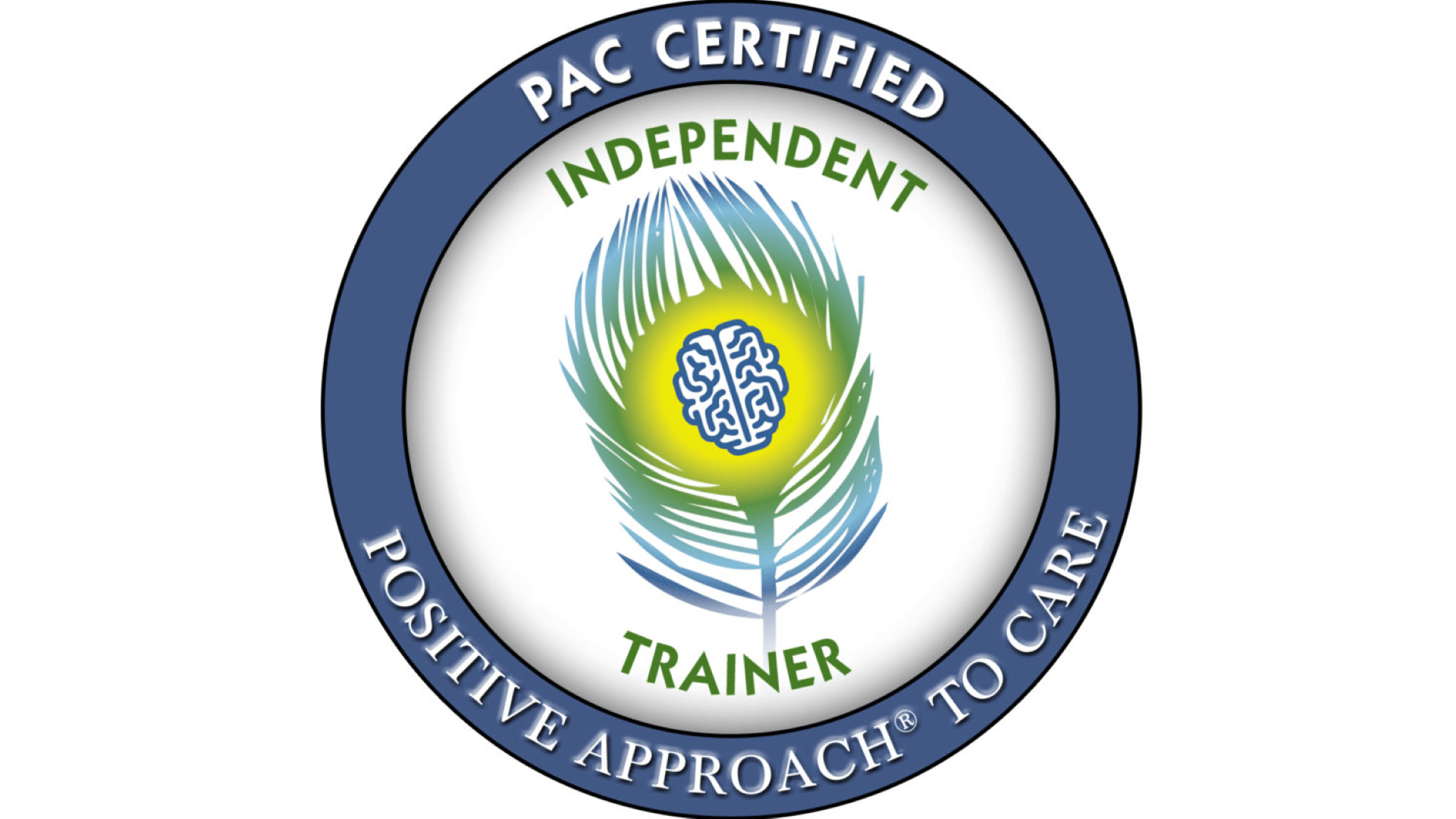Circular badge with a blue border that reads “PAC Certified Positive Approach to Care,” featuring dementia care expert Teepa Snow’s signature green feather and brain icon in the center, plus “Independent Trainer” in green text. Perfect for Castle Rock professionals.