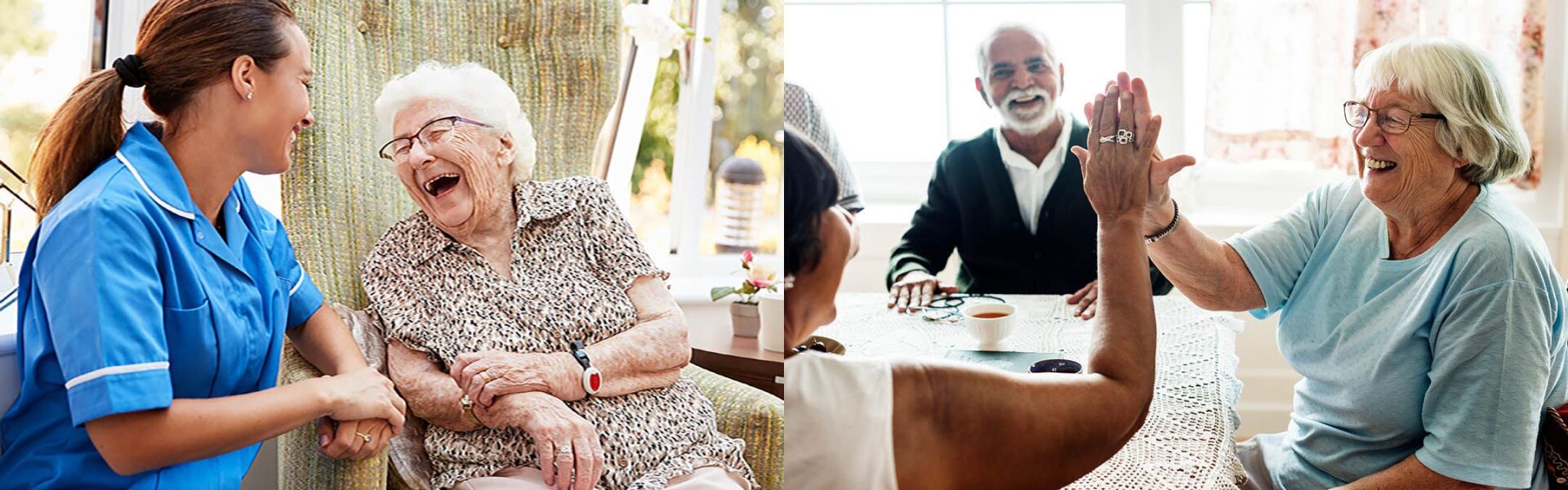 fda751aeb49ea89efdd562003dce5f354dc2f340-2160×675 Older adults enjoying social interactions in Castle Rock, CO; in the first image, a caregiver laughs with a senior woman, while in the second, seniors smile and high-five at a table—showcasing the warmth of quality Hospice Services.