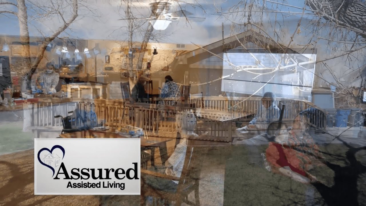 A composite image shows an indoor assisted living facility and an outdoor porch with residents, highlighting the caring environment of Assured Assisted Living. The Assured Assisted Living logo is in the bottom left corner.