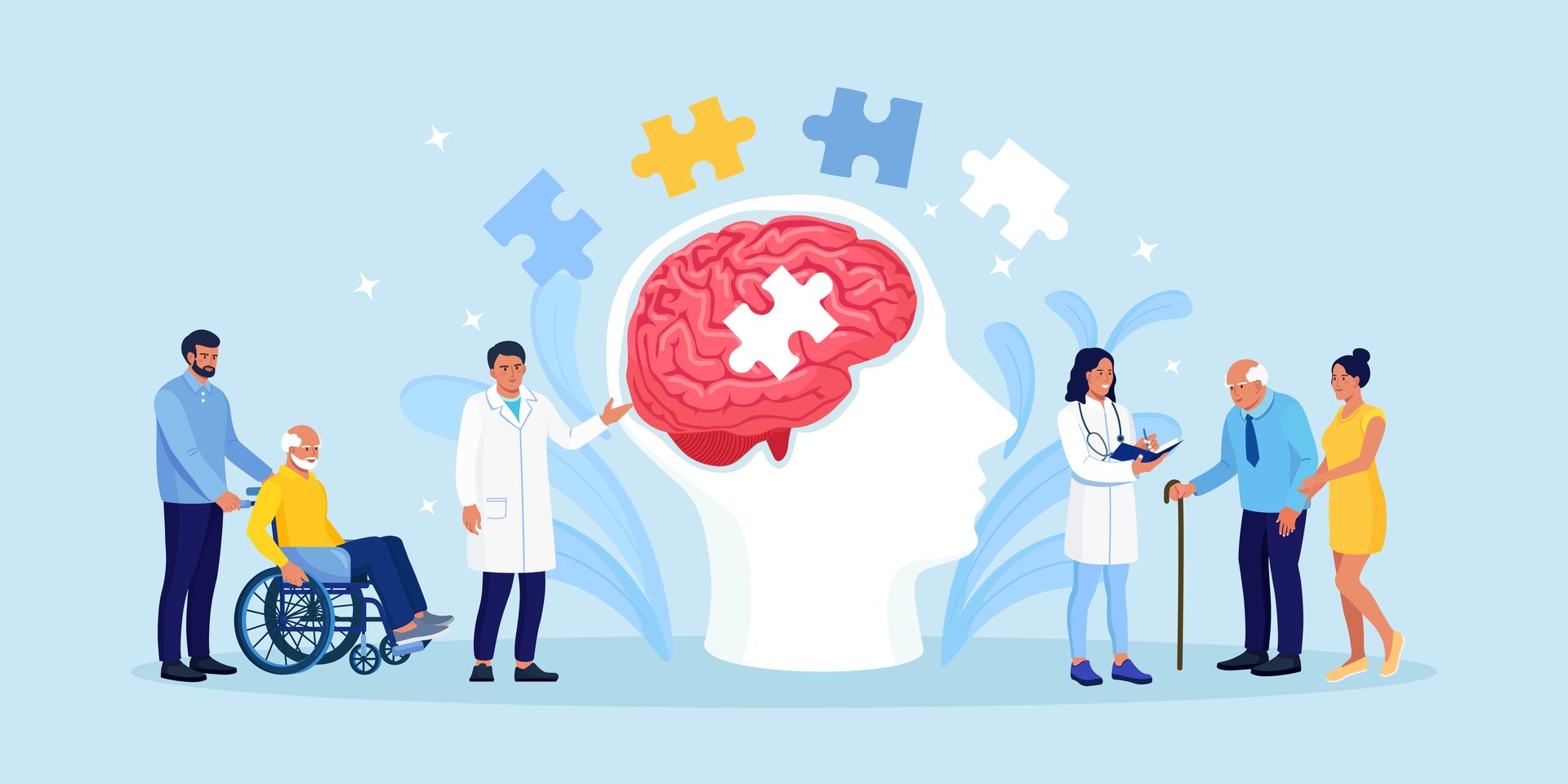 Illustration of a brain with missing puzzle pieces, surrounded by doctors and interdisciplinary teams assisting elderly people, symbolizing dementia, Alzheimer's, or Parkinson’s care and medical support.