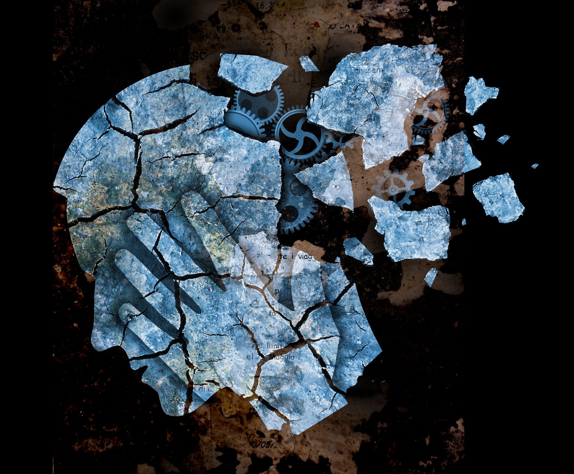 A cracked, blue-toned human head silhouette with gears inside is breaking apart into fragments against a dark background, symbolizing the impact of depression and dementia on mental health.