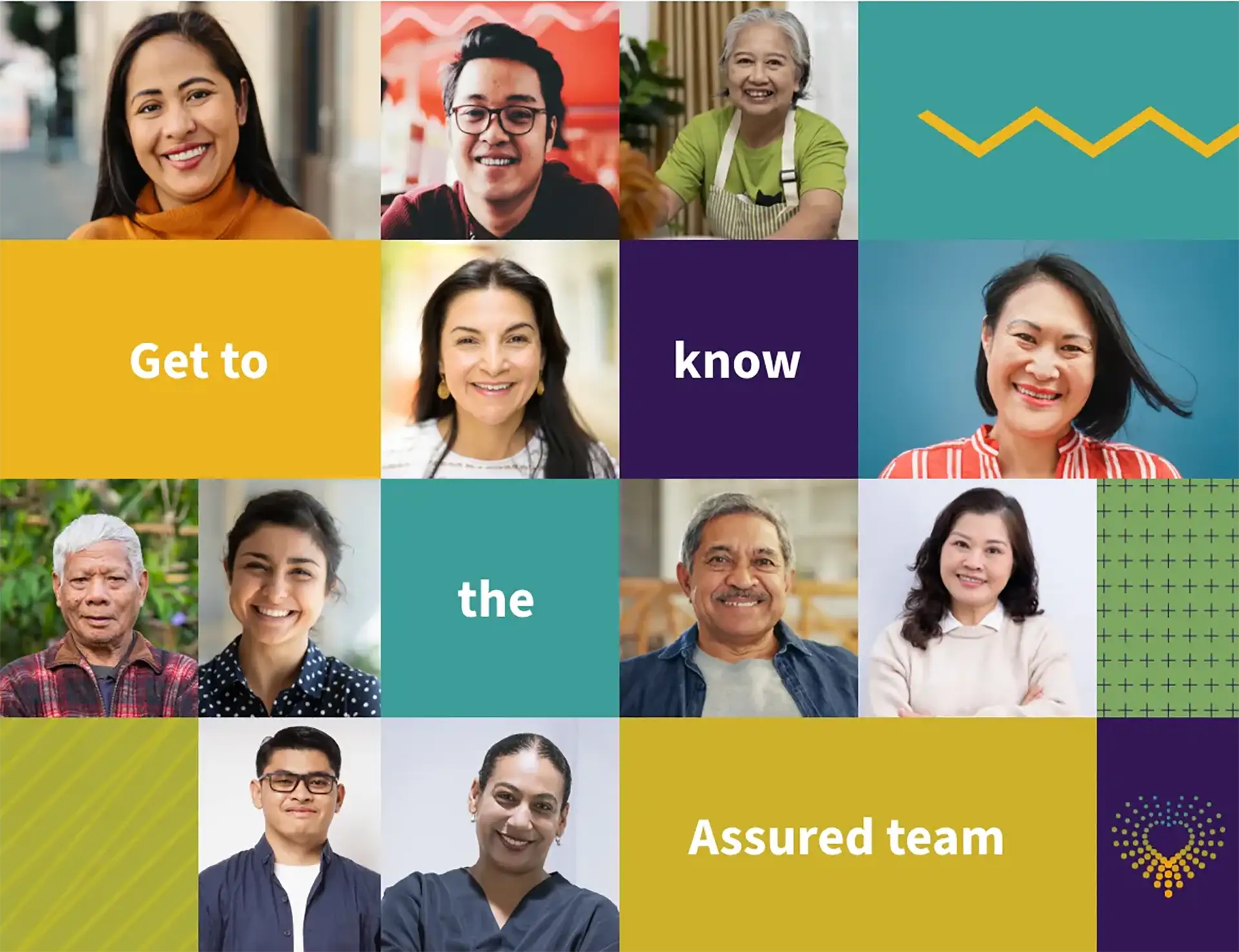 A collage of diverse people smiling, with text reading "Get to know the Assured team" in bold blocks of yellow, teal, and purple.